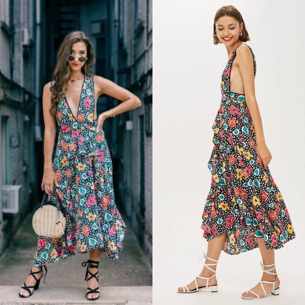 Topshop Black 80s Floral Printed Plunging V-Neck Pinafore Midi Dress